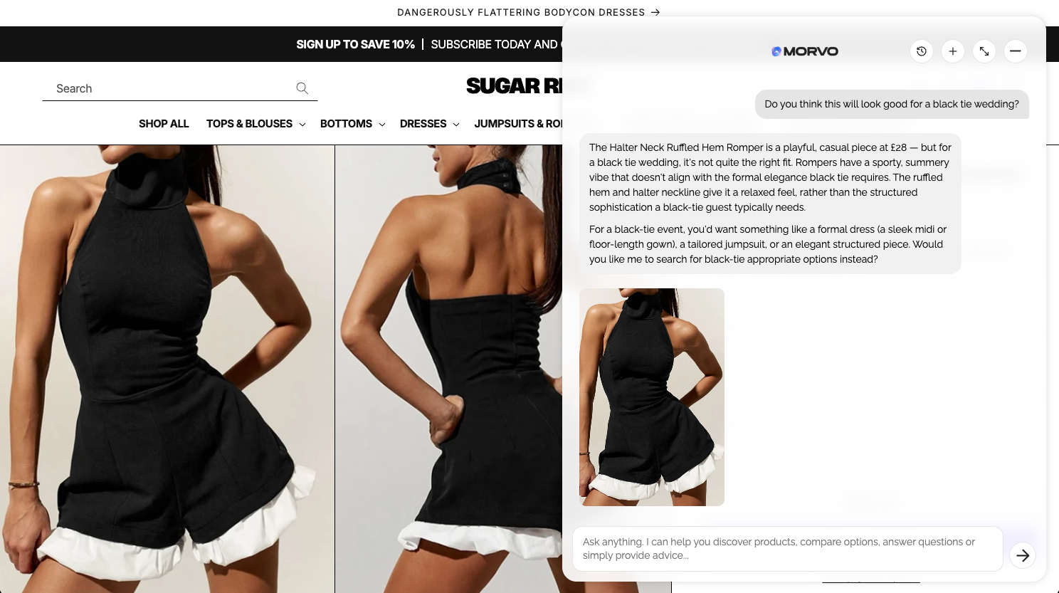 Morvo giving honest styling advice on a Sugar Riot product page